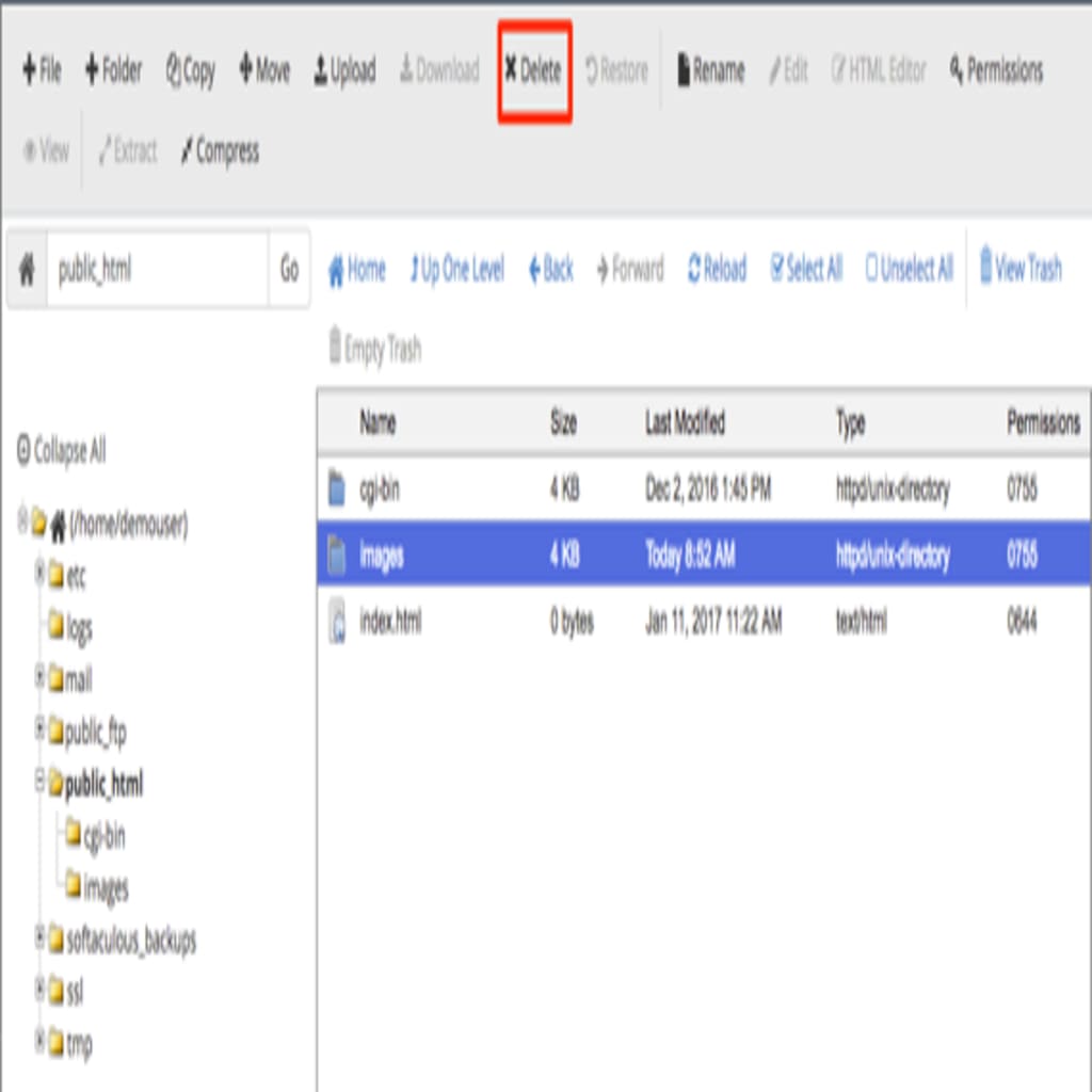 Delete button highlighted