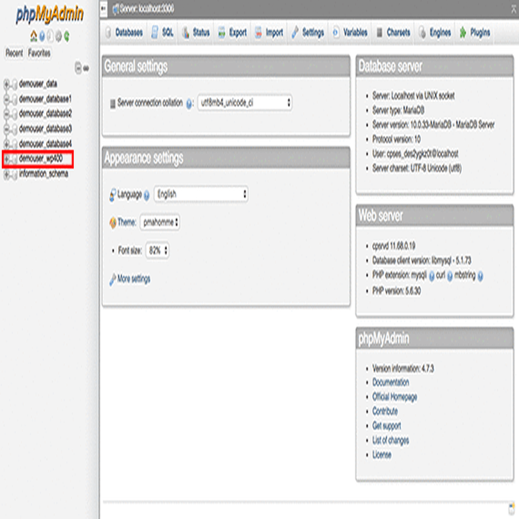 gif showing wordpress database in phpmyadmin