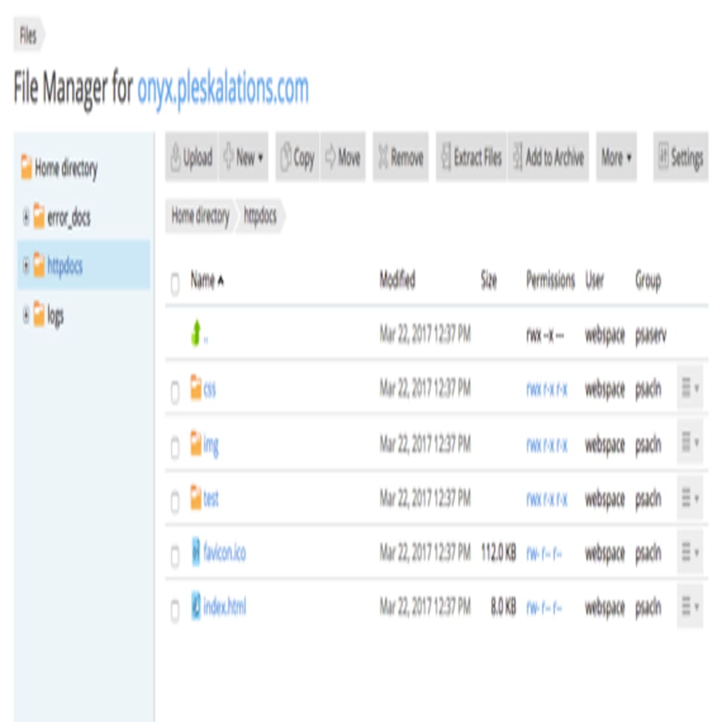 File Manager home showing httpdocs