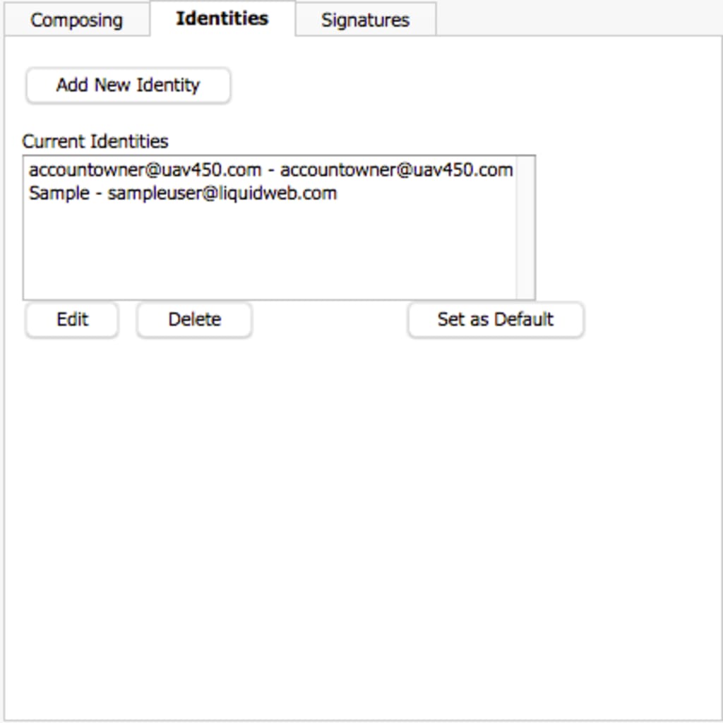 identities tab for email settings