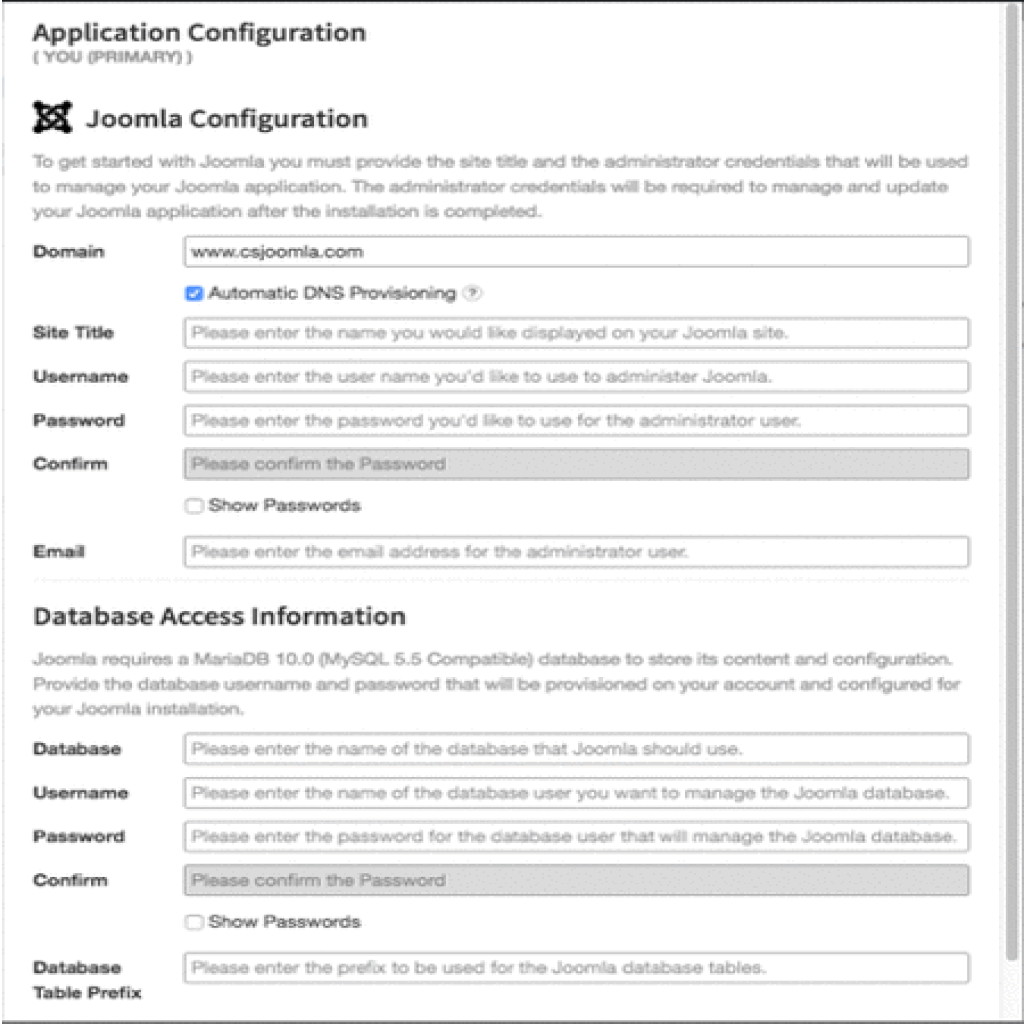 gif showing joomla info entered