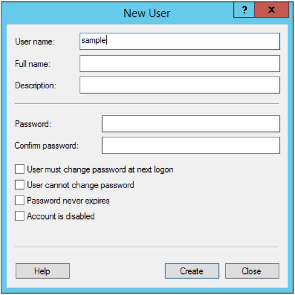 new user dialog box