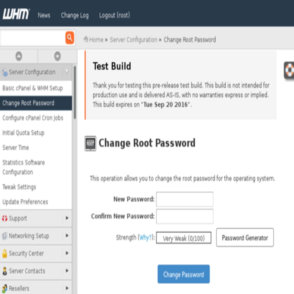 change root password highlighted in menu