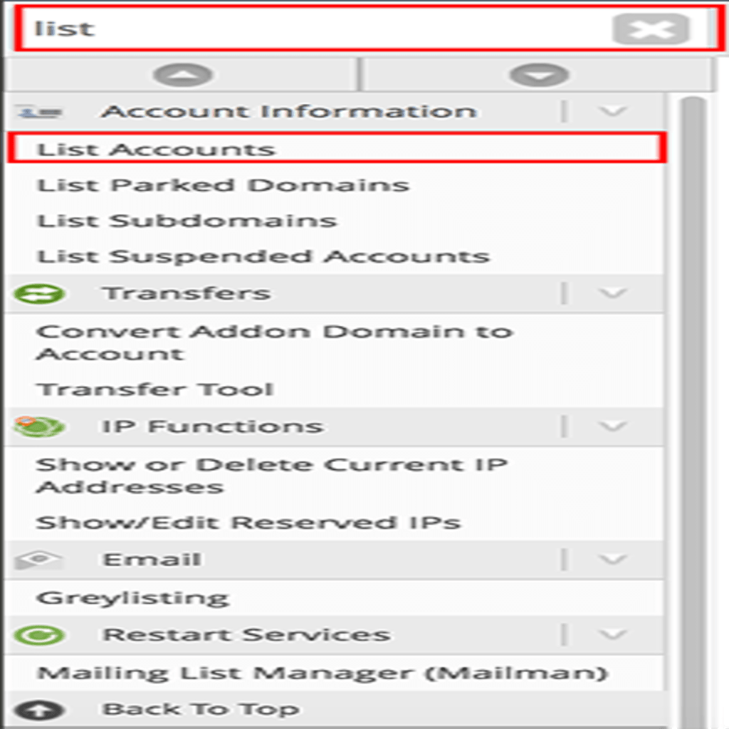 list search in search bar and list accounts highlighted