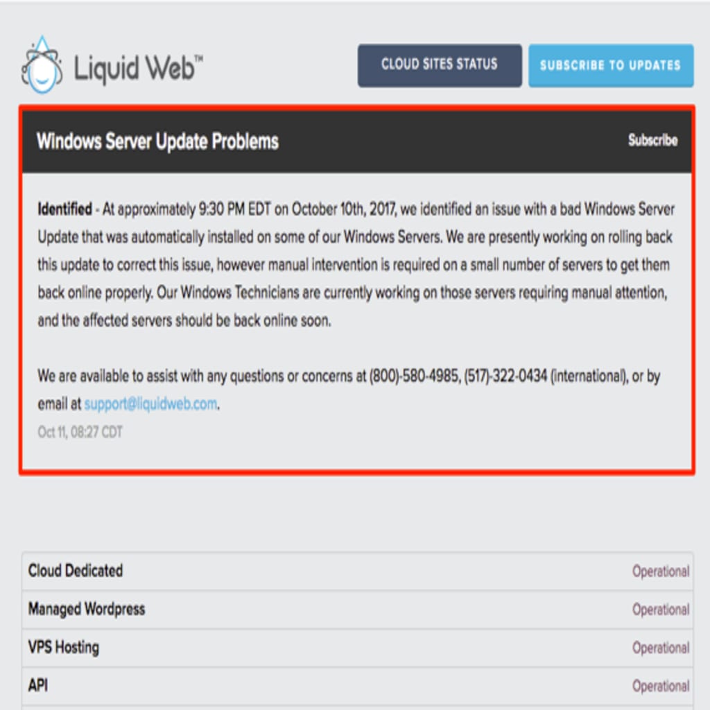 status page showing current issue at top