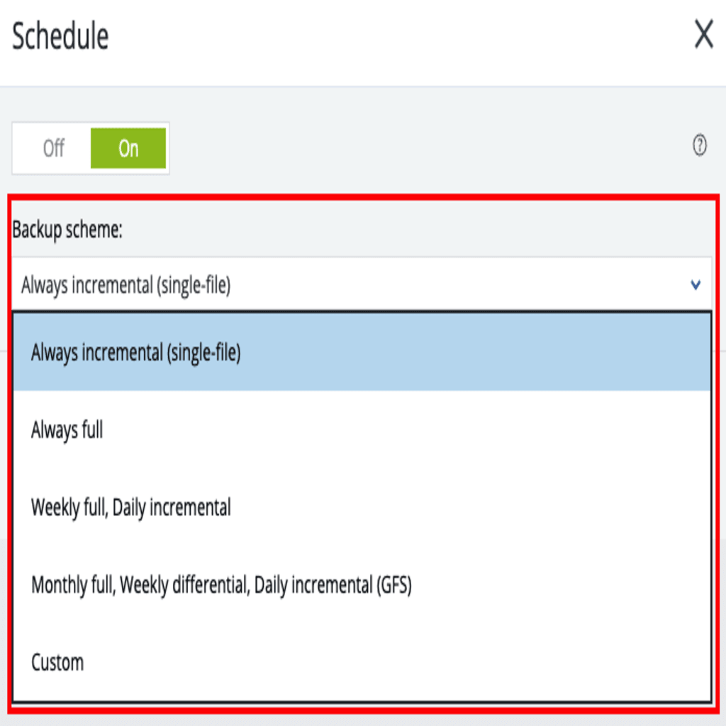 backup scheme drop-down menu