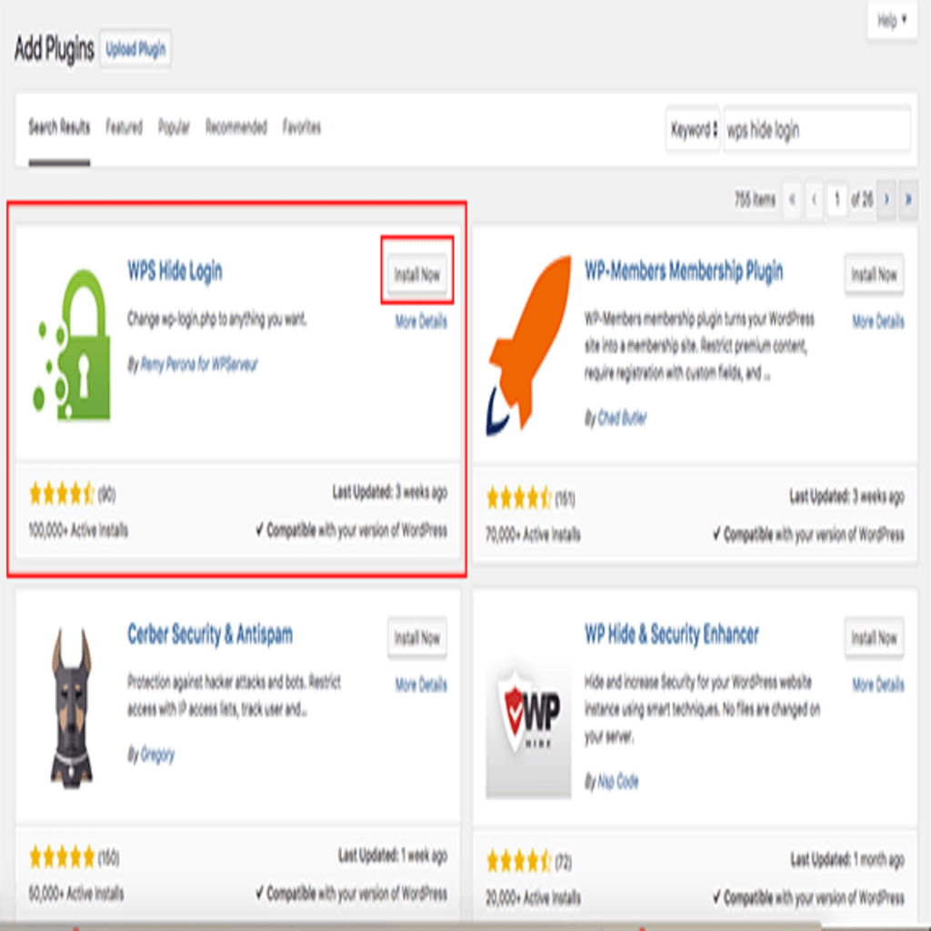 install now button and plugin highlighted