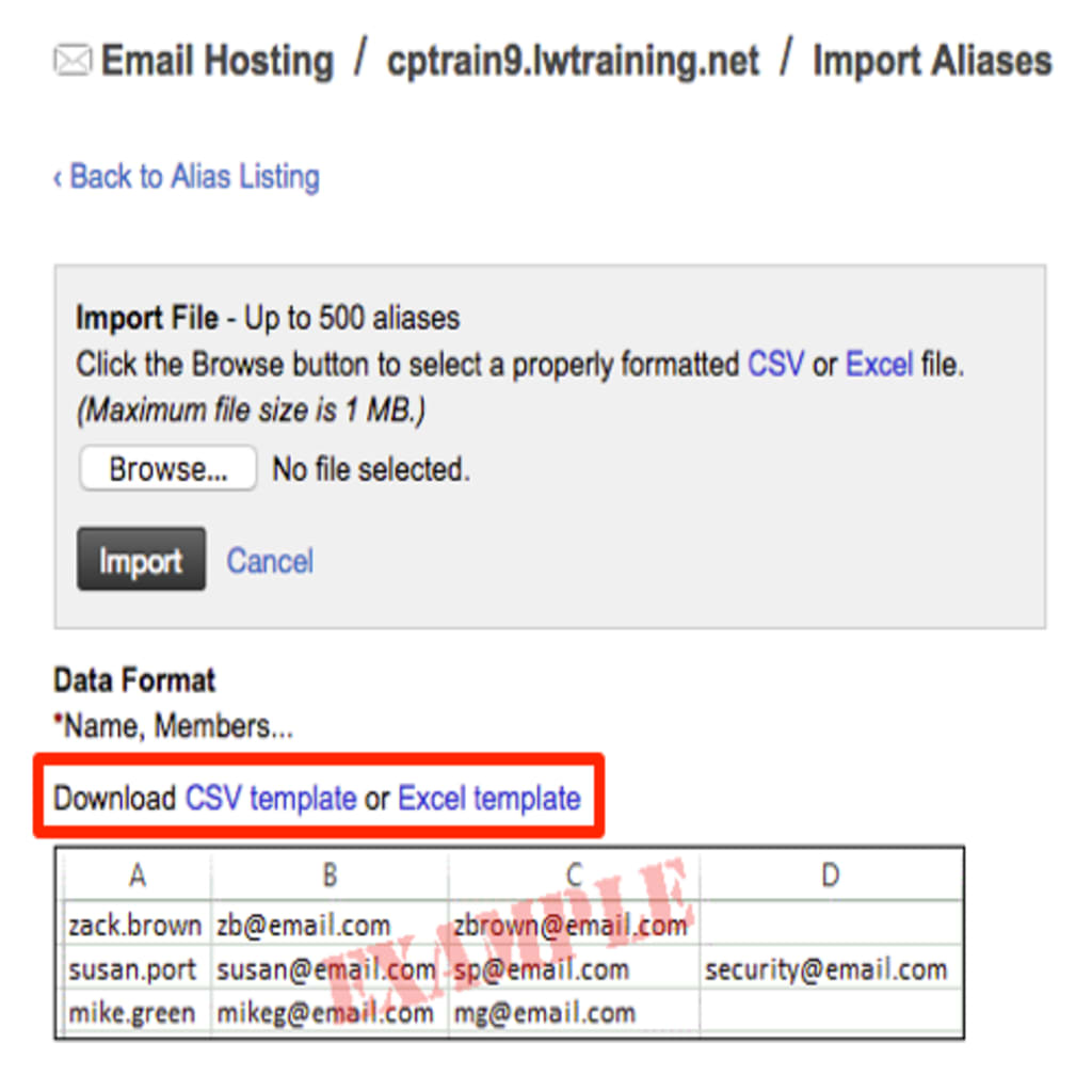 download alias csv template highlighted
