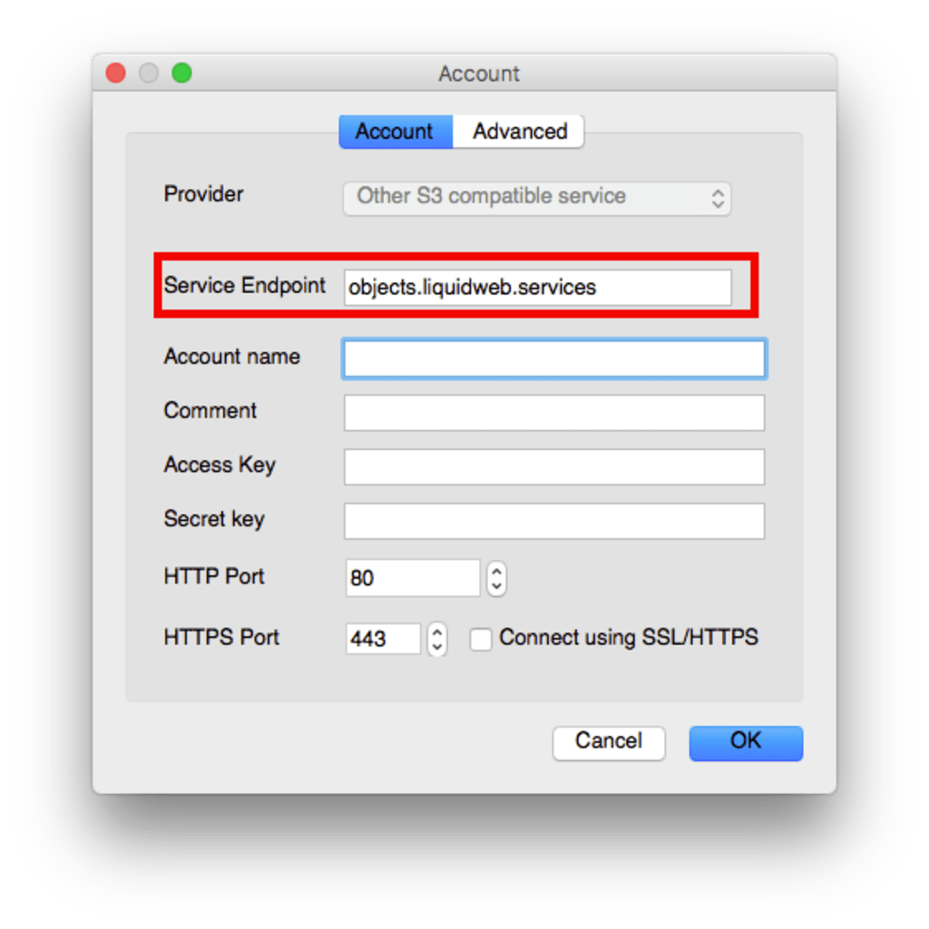 service endpoint entered and highlighted