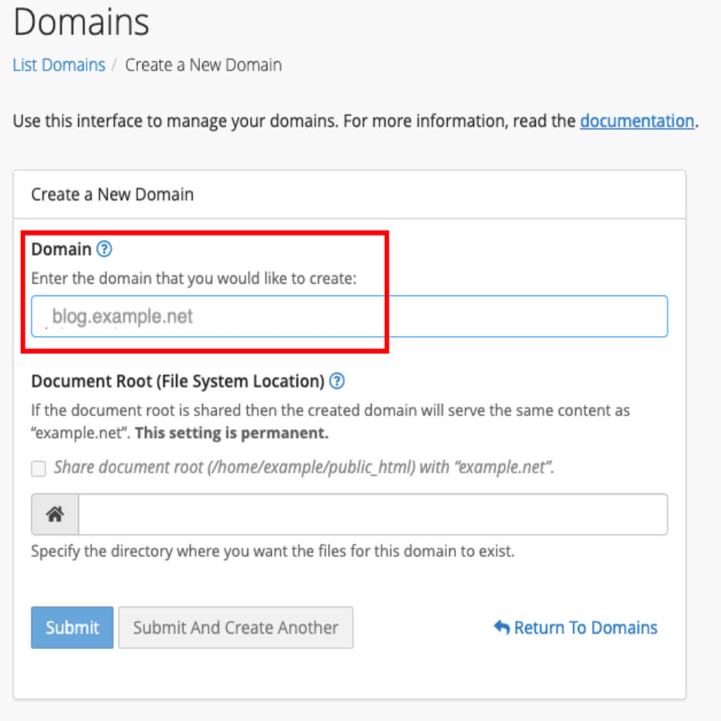 domain creation dialog box