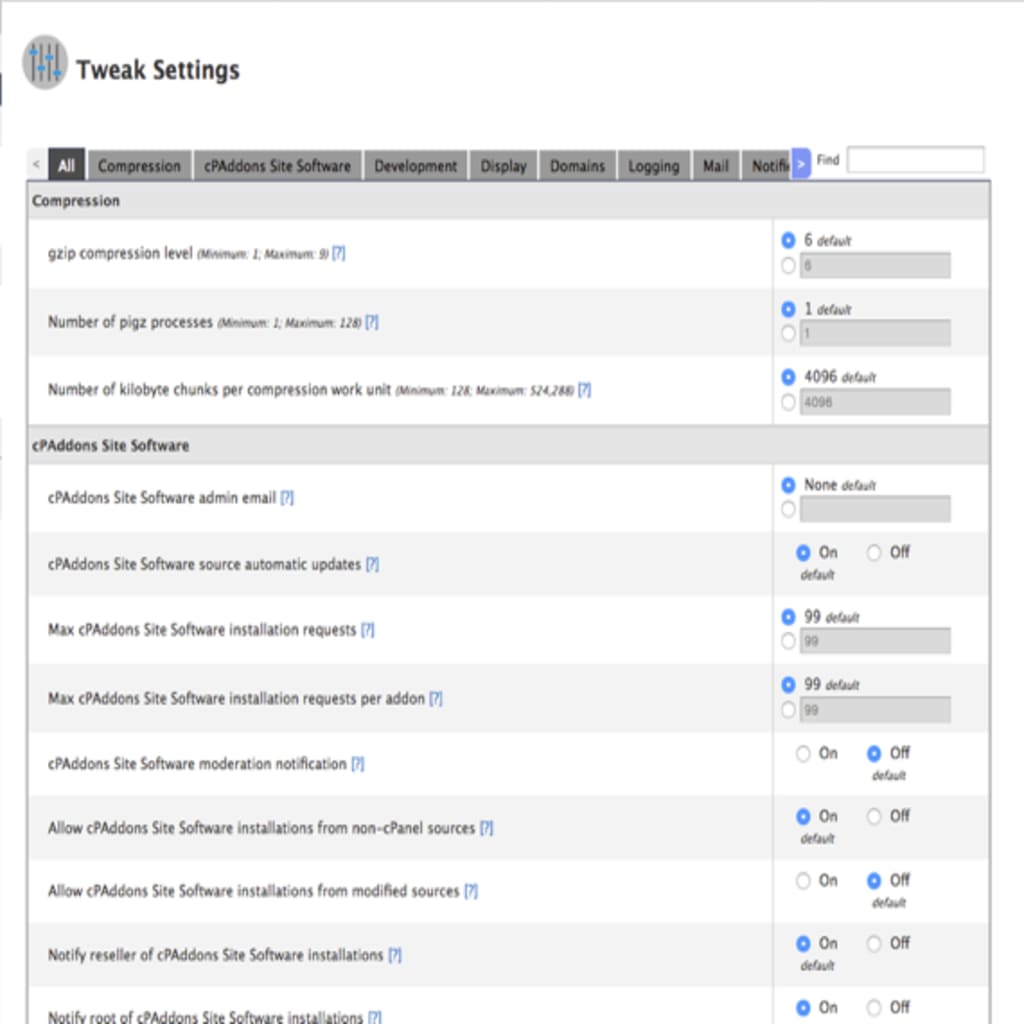 WHM Tweak Settings home page