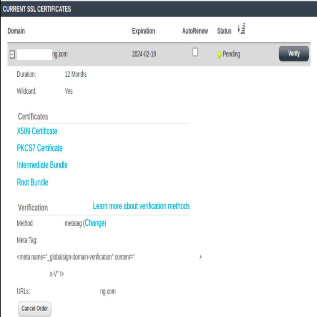 How to renew an SSL certificate (a paid SSL cert) — domain verification via the Meta Tag method and HTML code snippet.
