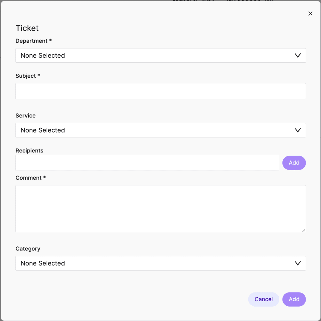 Once you click +Ticket button, a screen appears where you can enter the relevant ticket details.