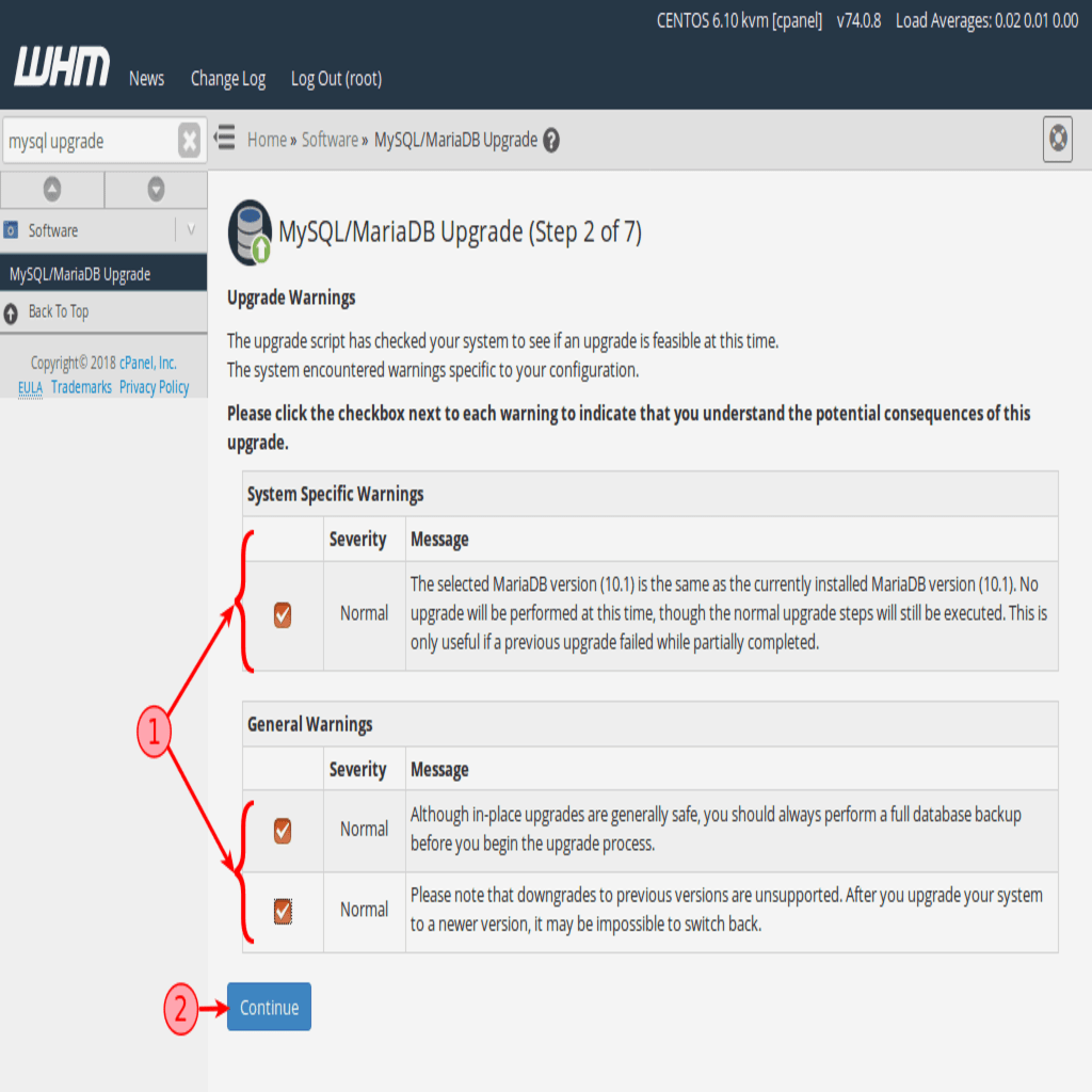 WHM will warn you of any potential consequences before upgrading MySQL.