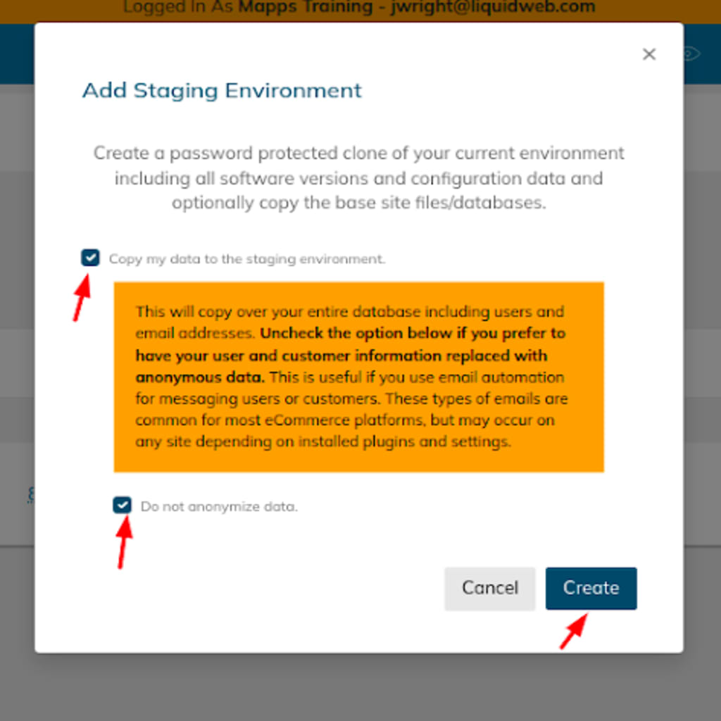 Checkboxes for “Copy my data to the staging environment” and “Do not anonymize data”