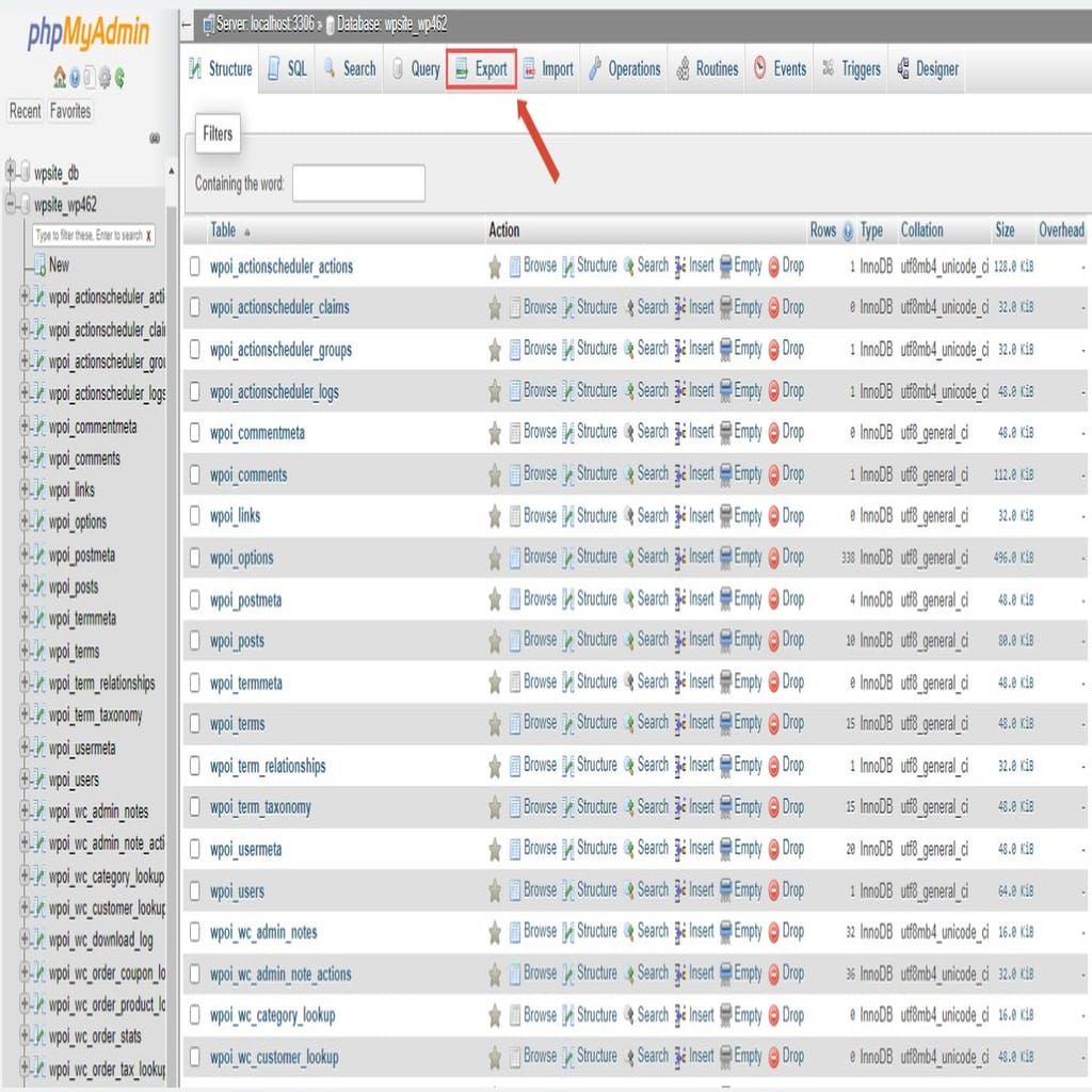 Log in to phpMyAdmin from your Nexcess portal or the SiteWorx control panel and choose the database you would like to export. Select Export from the top menu to open the database export interface.