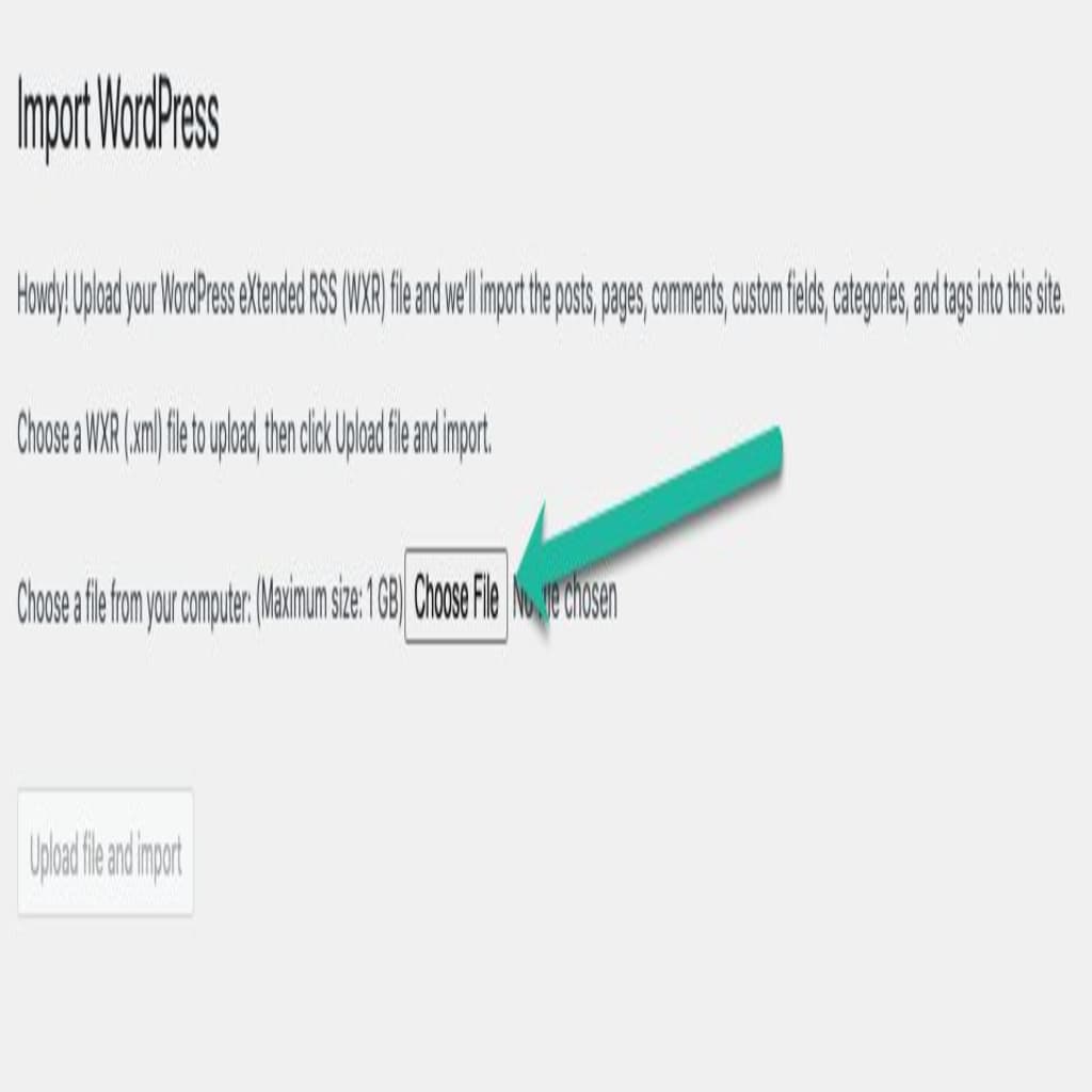 On the Import page, click Choose File, and navigate through your filesystem to where you saved the export from Squarespace.