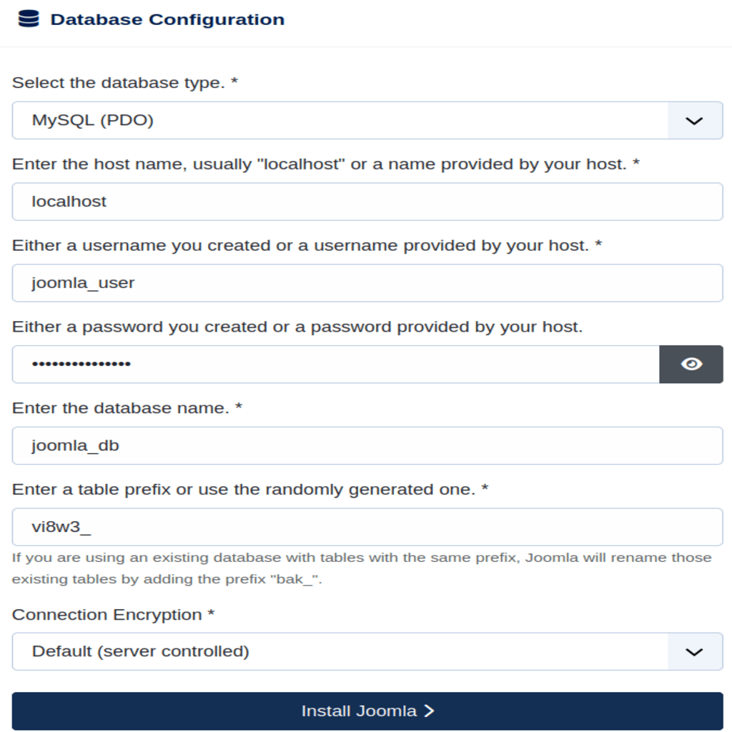 Select the database type, provide your database credentials, set the Connection Encryption value, and then click Install Joomla.