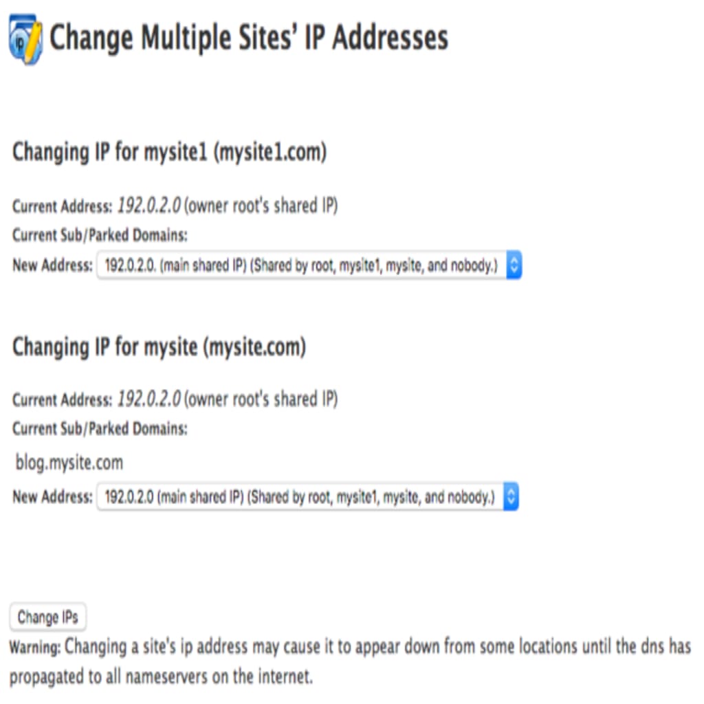 change multiple sites' ip addresses