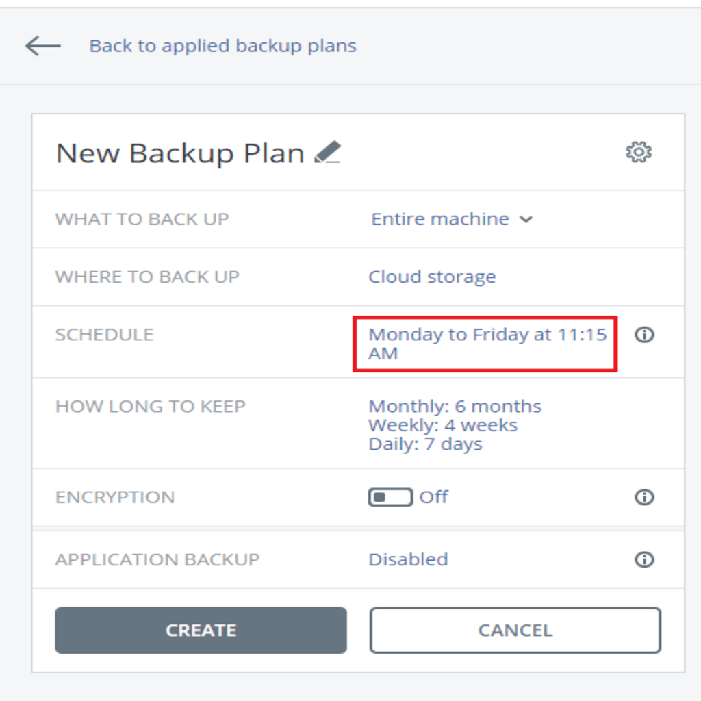 backup schedule detail screen
