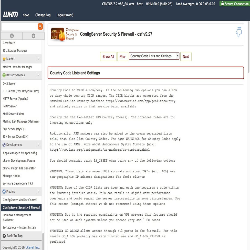 country code lists and settings page