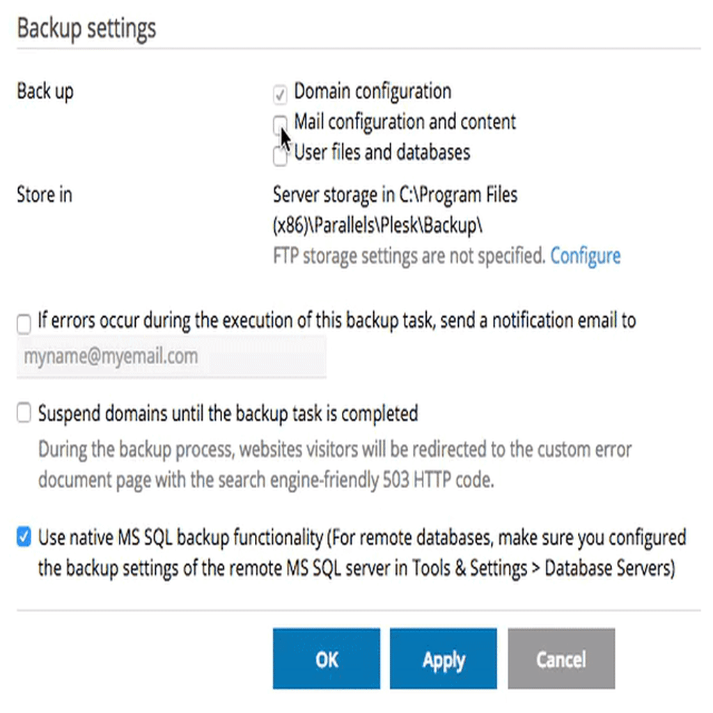 your server backup settings