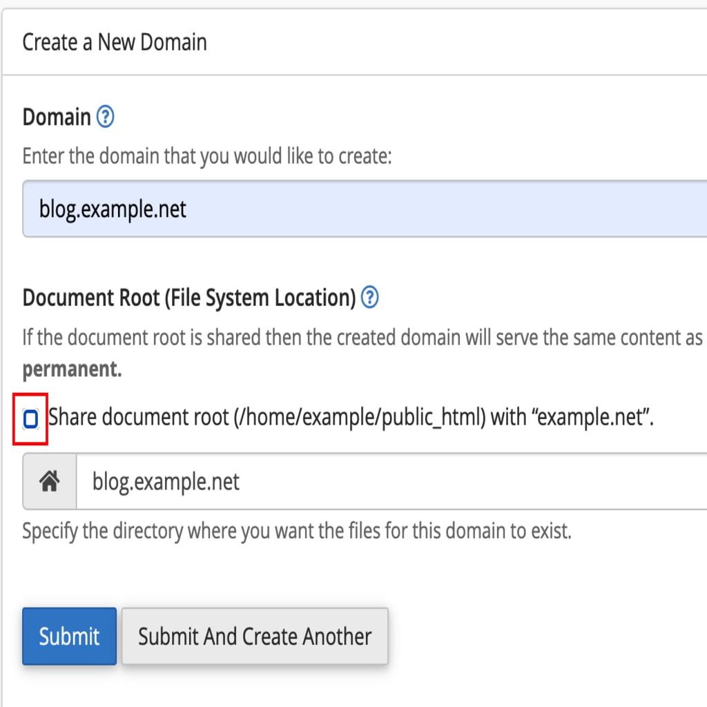 check box for shared document root highlighted