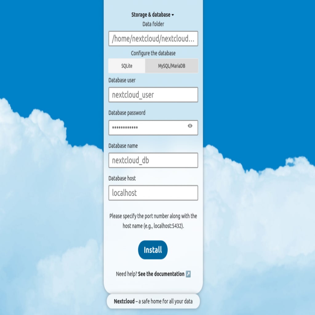 Click Storage & Database to configure database connection details and a data directory — a specific location on your server where all data uploaded to your Nextcloud platform will be stored.