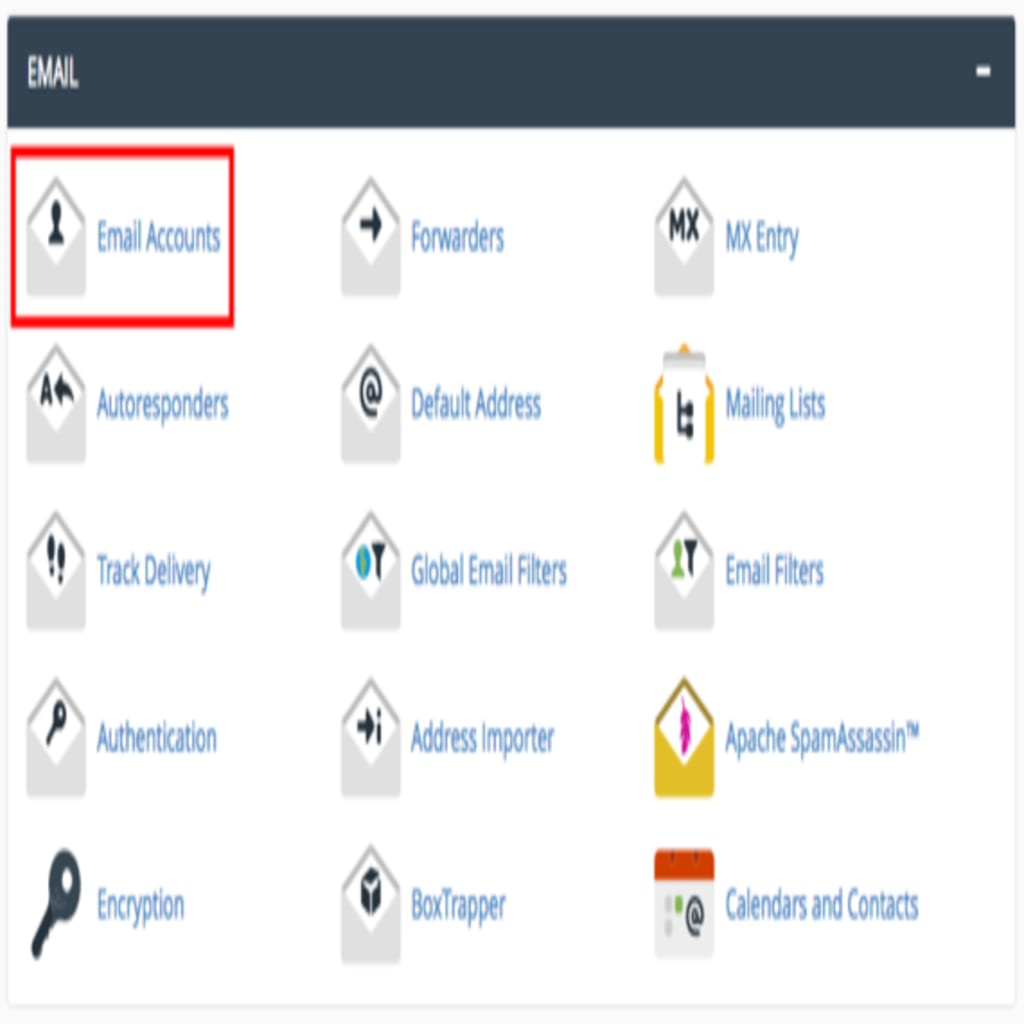 email accounts link highlighted