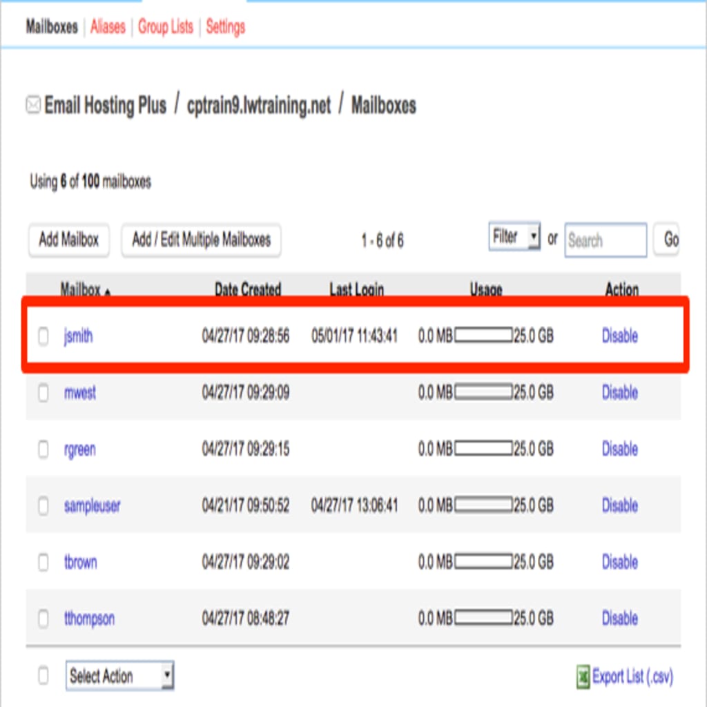 user highlighted in list