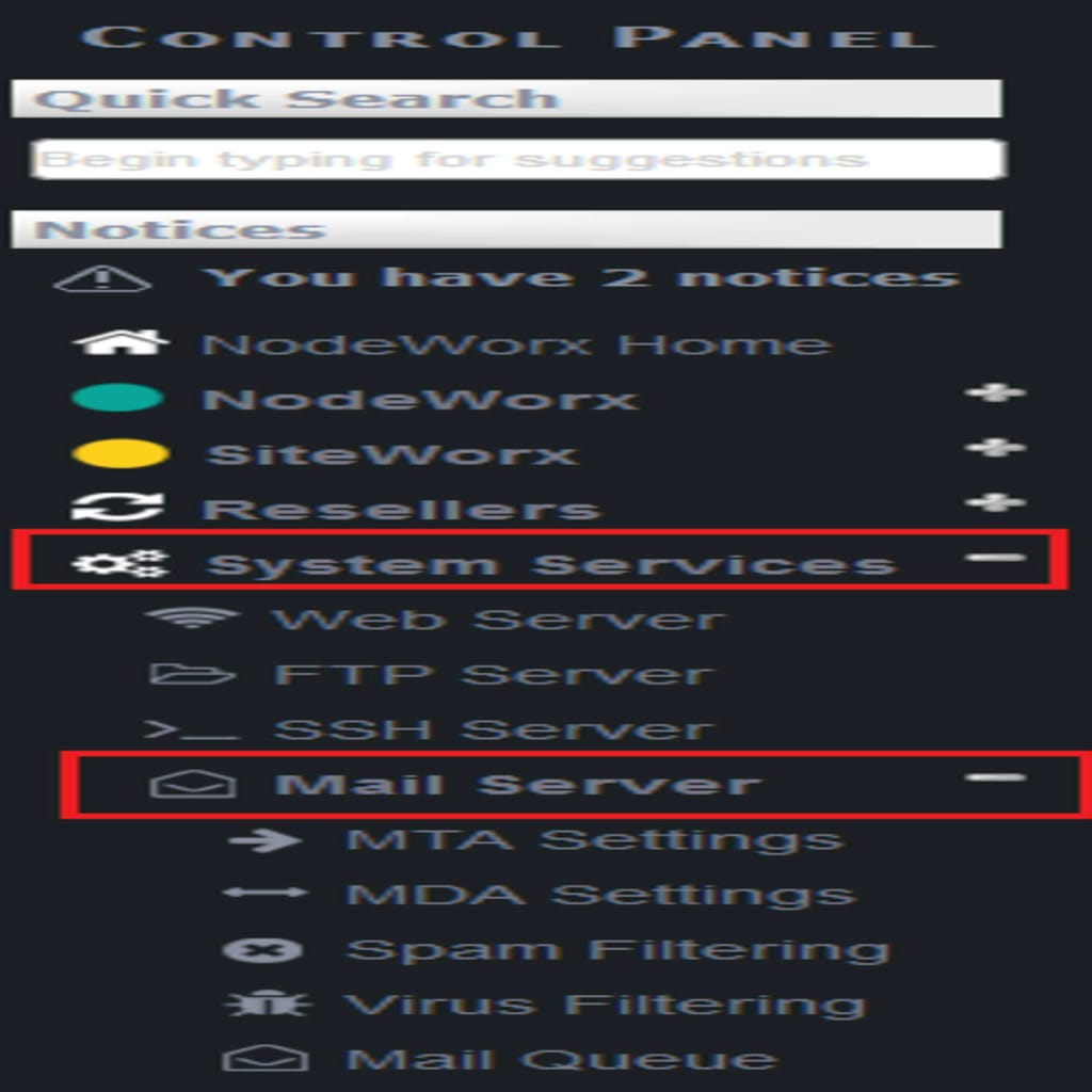 mail server links highlighted