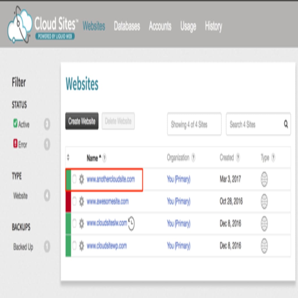 site highlighted in list