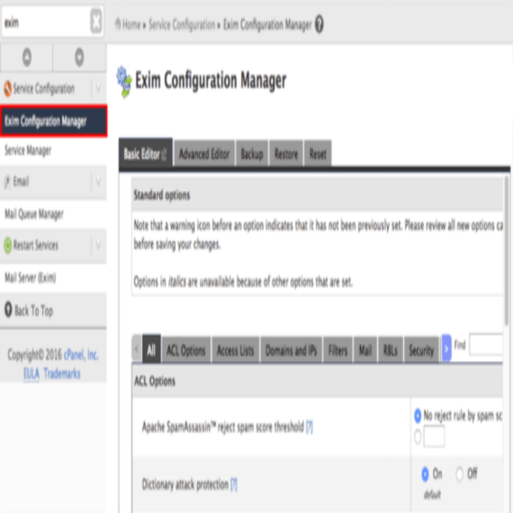 exim configuration manager highlighted