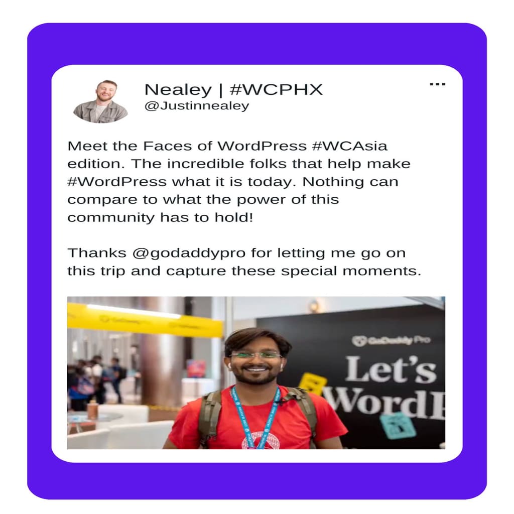A tweet from Justin Nealey layered over a purple background that reads