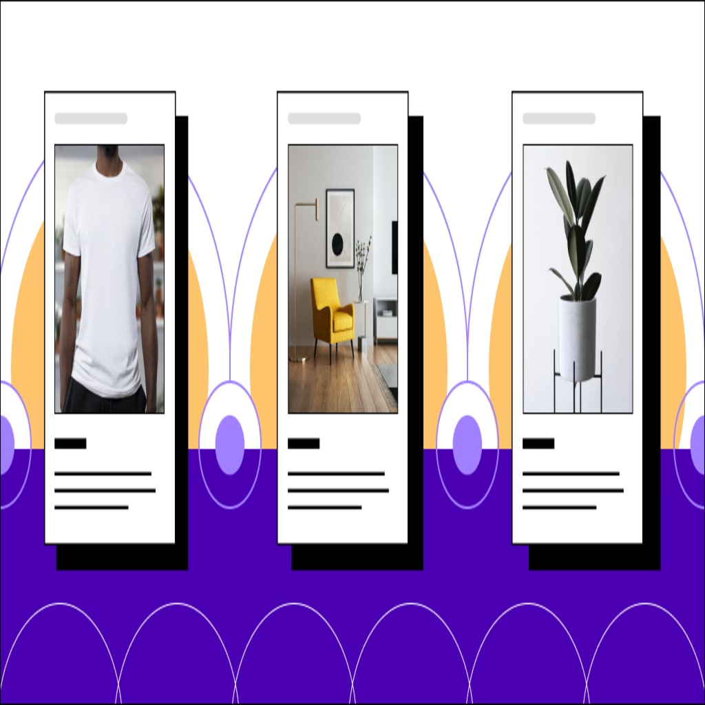Product images of a shirt, a chair, and an indoor plant