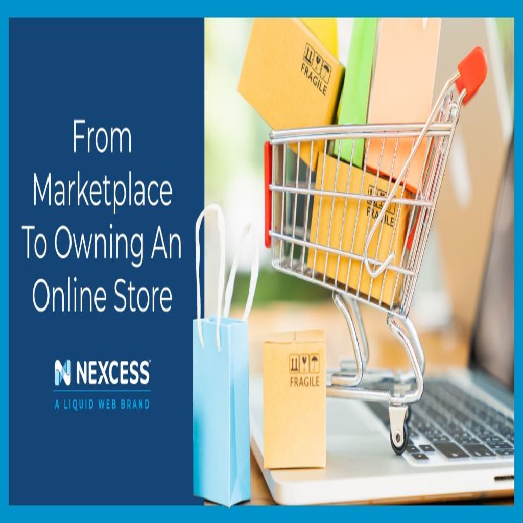 Open laptop with shopping cart reads From Marketplace to Online Store