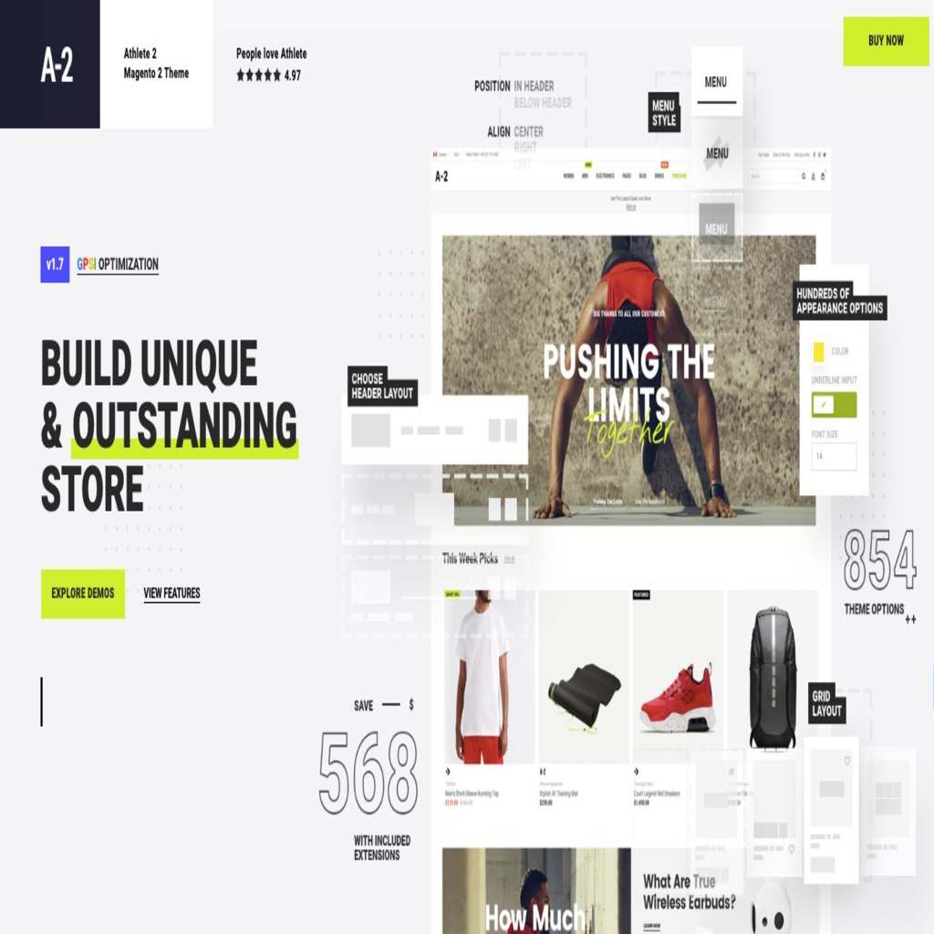 Athlete2 is the best Magento mobile theme for accessing multiple customization options for your shop layout.