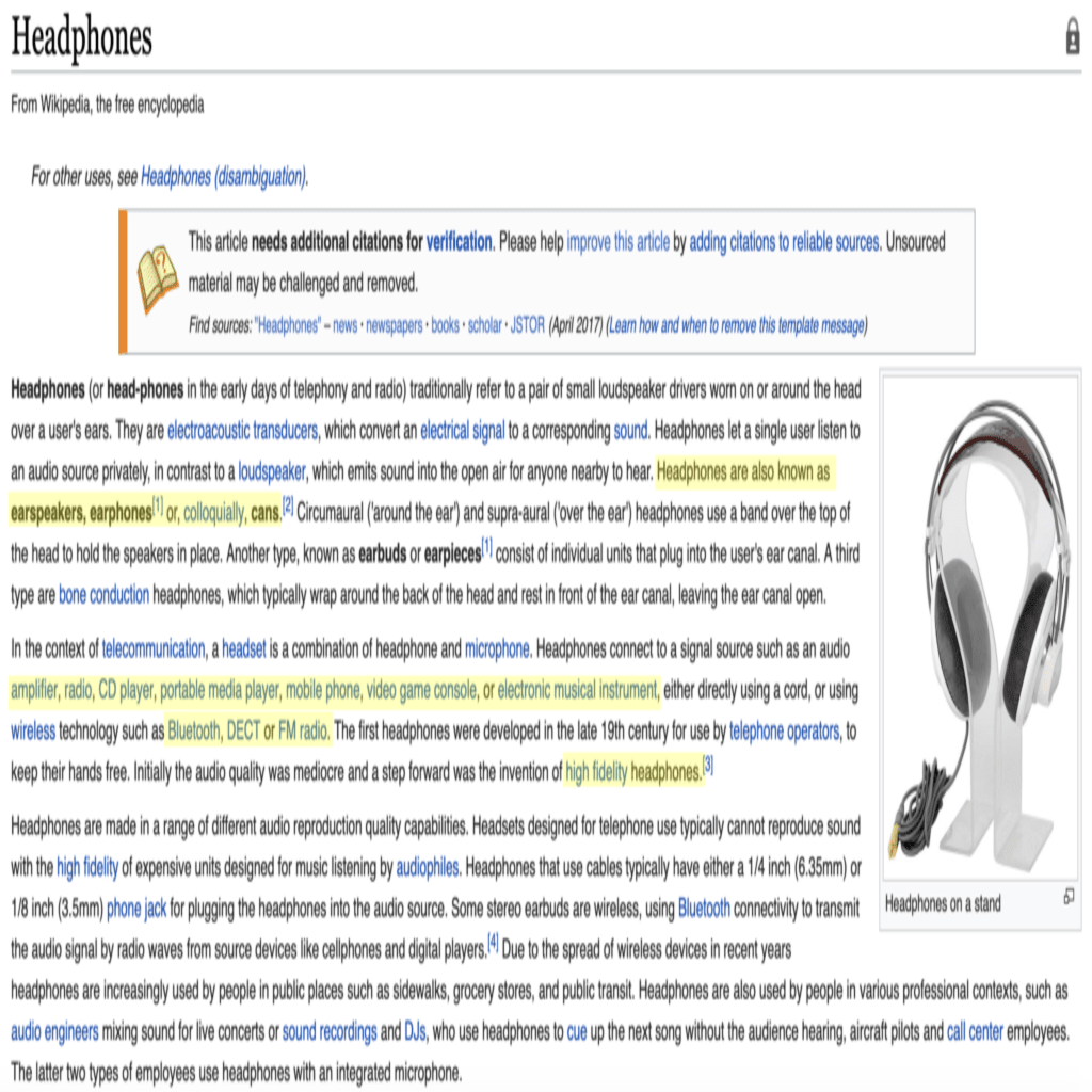 Wikipedia search for headphones