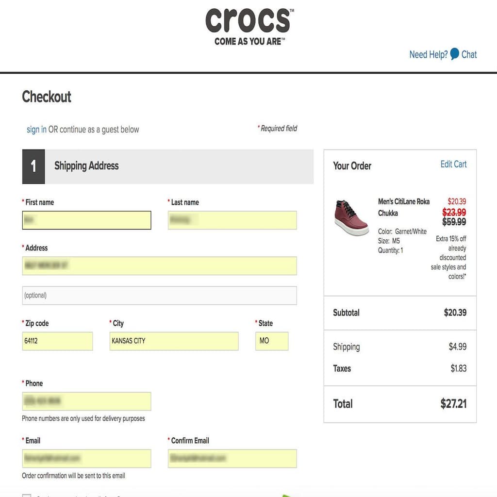Crocs is transparent about fees and costs on its cart checkout page.