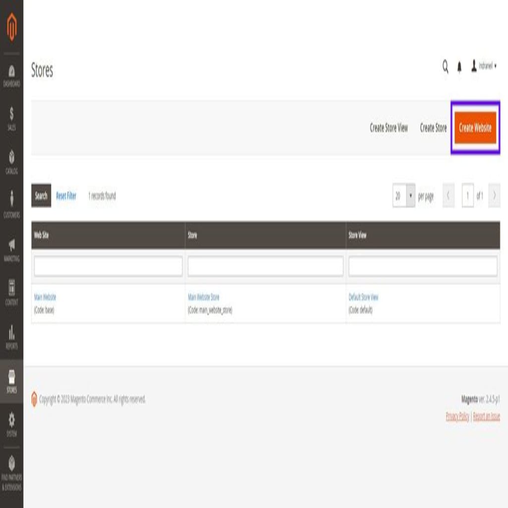 Screenshot of the Magento admin ‘Stores’ page highlighting the ‘Create Website’ button.