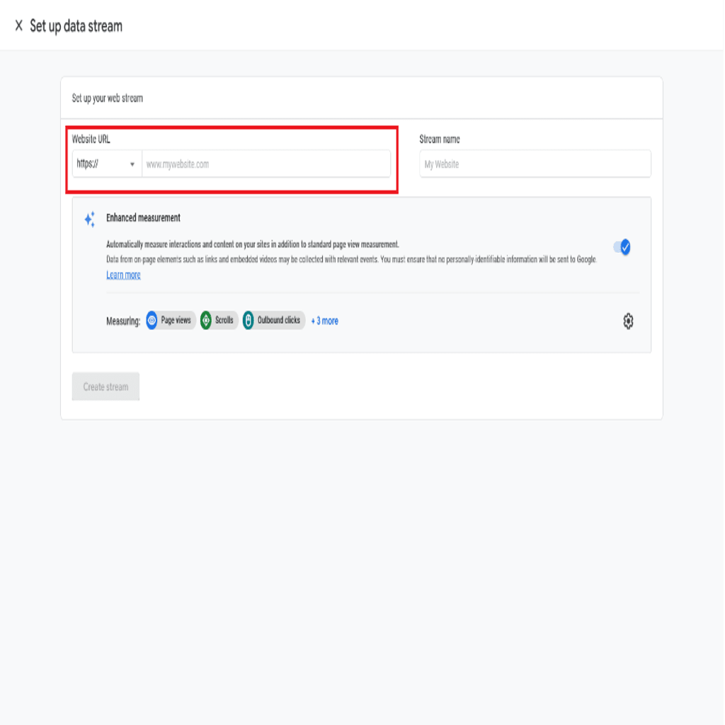Setting up the data stream in Google Analytics.