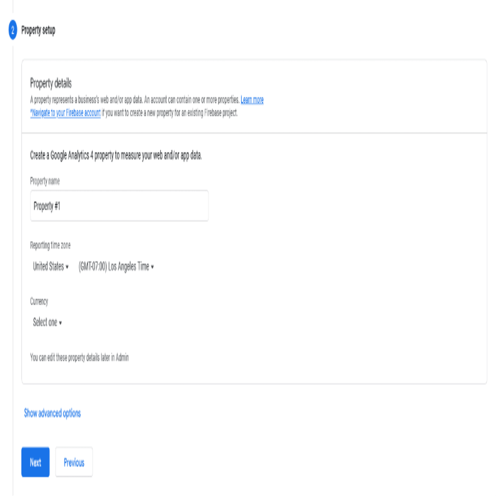Creating a new property in Google Analytics.