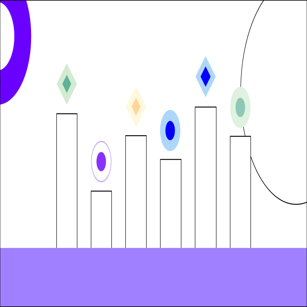 Several rectangles, diamonds, and circles over a white background.