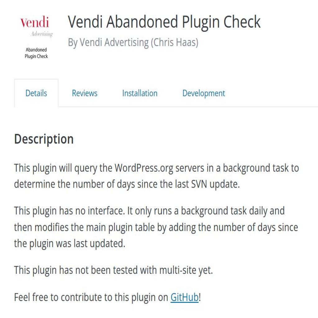 Vendi Abandoned Plugin check helps you track plugin updates.