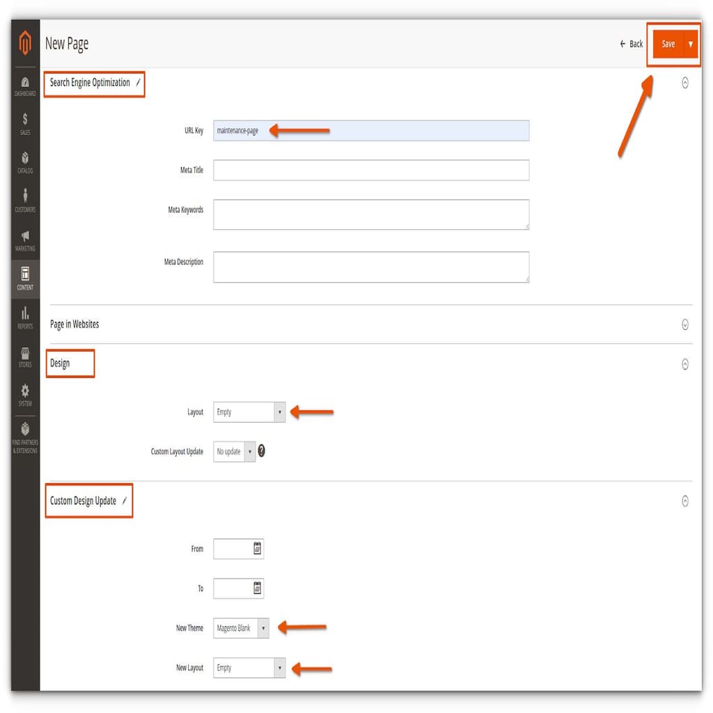 Under New Page, go to Search Engine Optimization. Next, enter a URL Key for your new page. It should only contain lowercase letters and hyphens (which you use instead of spaces). We’ve used the