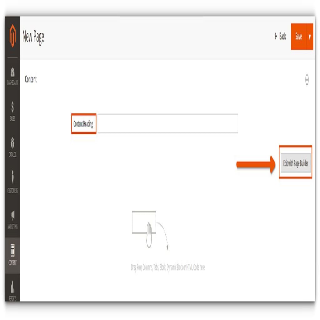 Under the Content dropdown menu, type in a Content Heading. This step is optional. Select Edit with Page Builder, which will take you to the page editor.