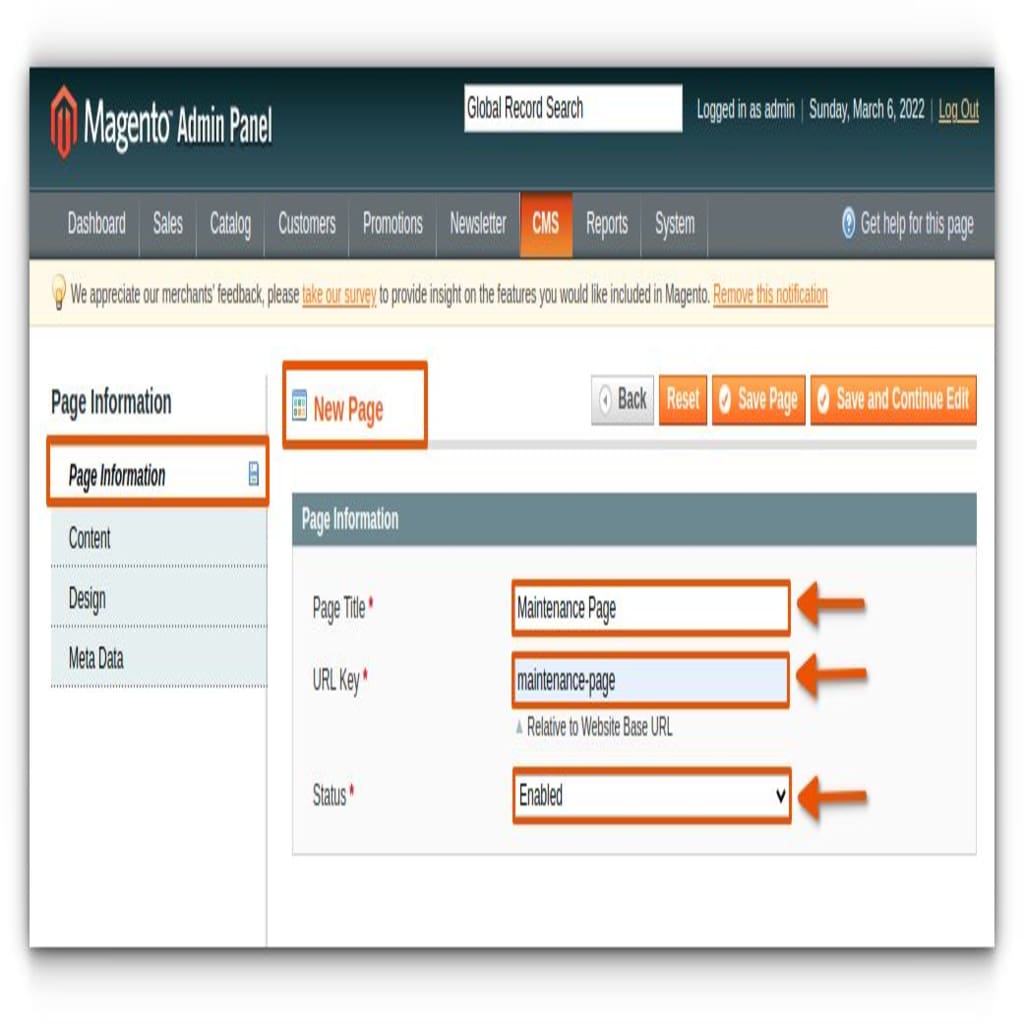 In the New Page section, you’ll be prompted to provide information for your new (maintenance) page. Add information for Page Title, URL Key, and Status.