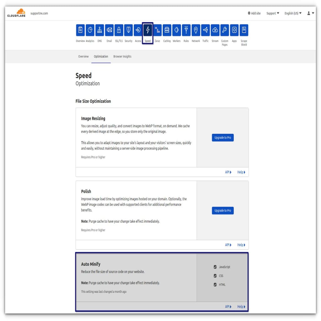 To set up Auto minify, go to Speed > Optimization > Auto Minify and check the boxes to the left to choose the options you want to enable.