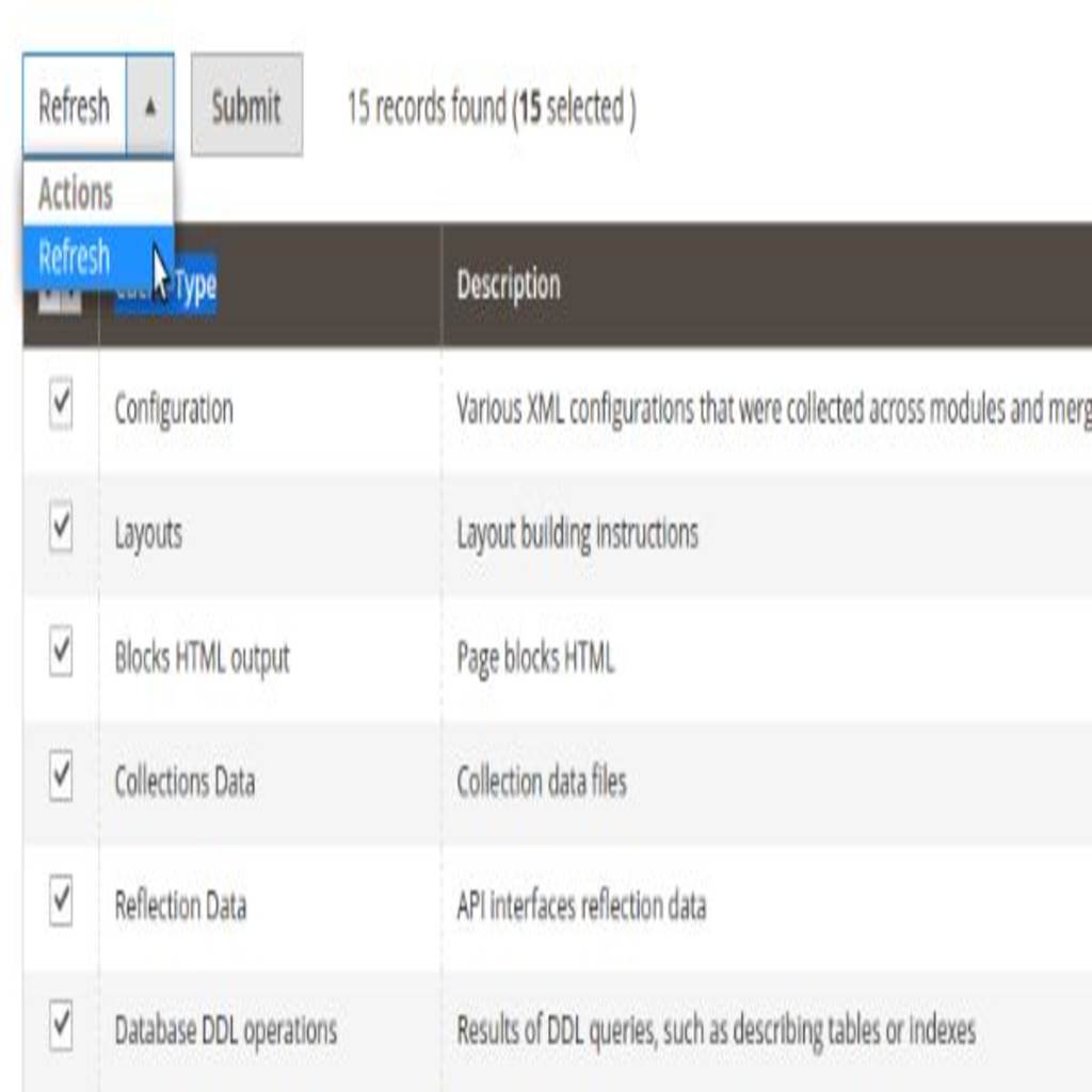 Select All Cache Types or the types you want to enable. Then choose Refresh and submit your changes using the Submit button.