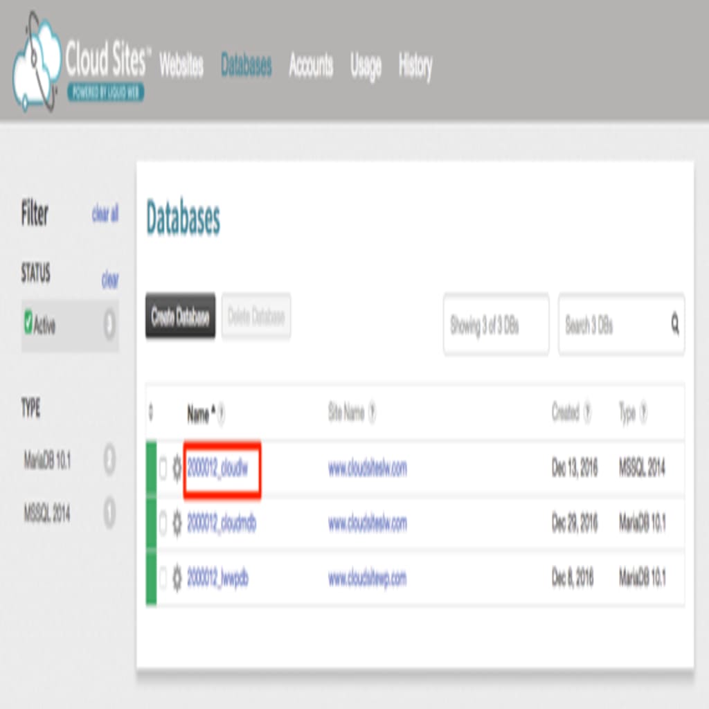 databases link highlighted in menu